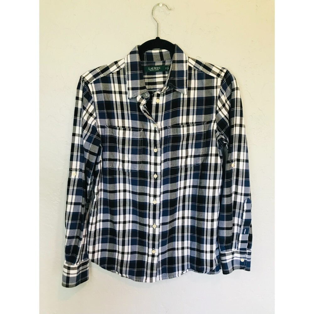 Lauren Ralph Lauren Women's Blue Plaid Button Up Top, Size S